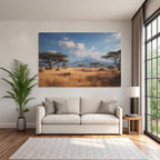 Desert landscape savannah tall grass trees mountains blue sky