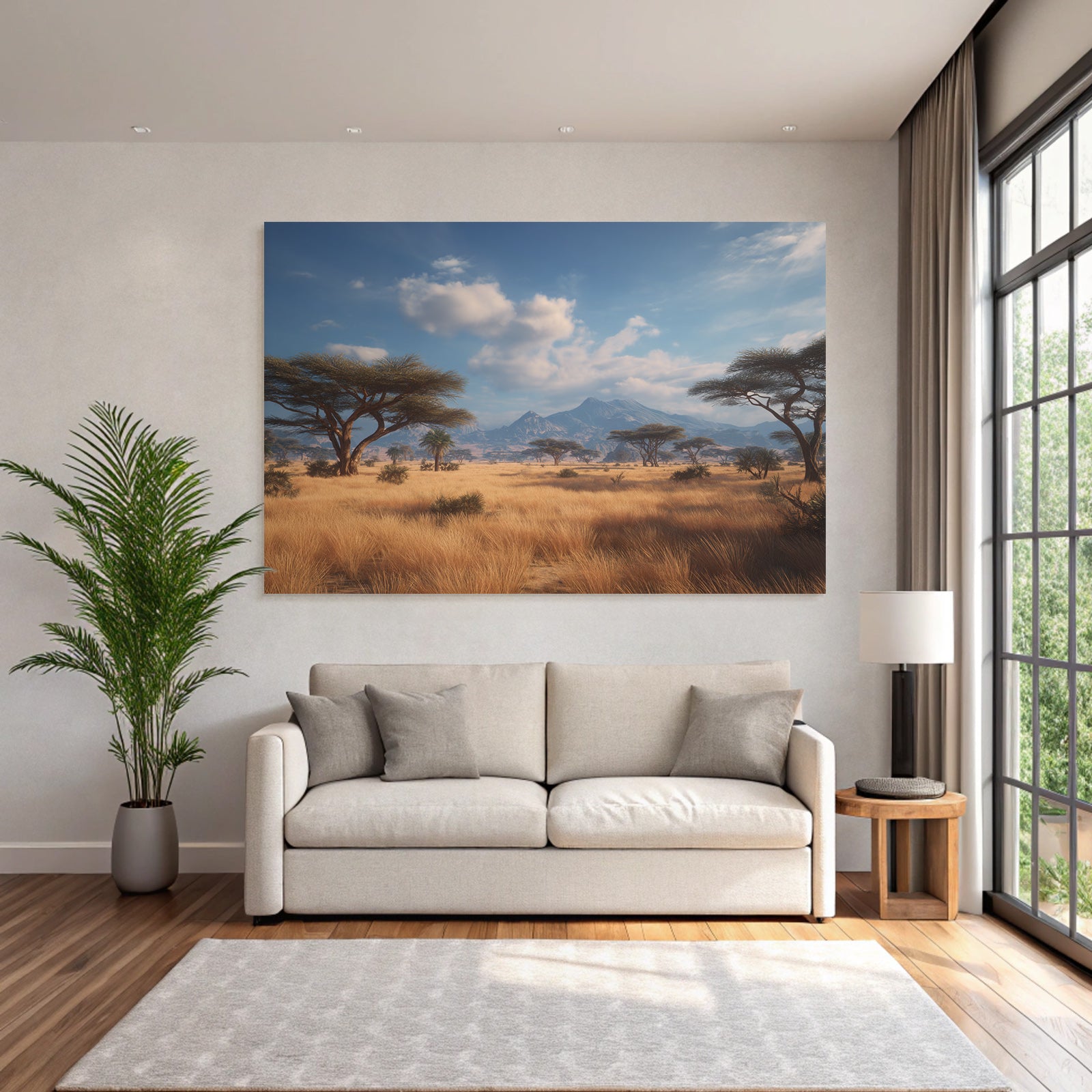 Desert landscape savannah tall grass trees mountains blue sky