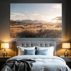 Desert Landscape Scene Green Field Trees And Mountains Morning Light