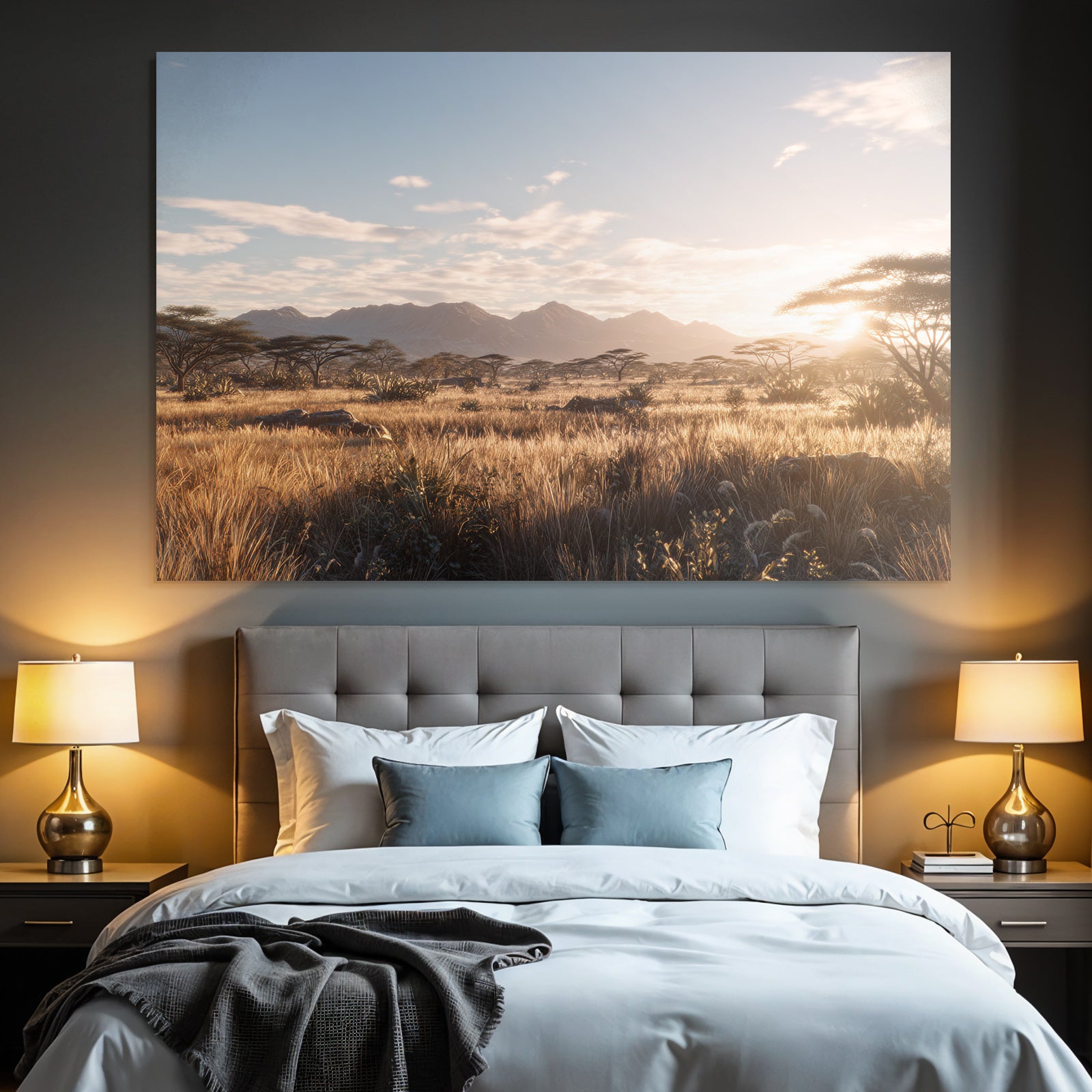 Desert Landscape Scene Green Field Trees And Mountains Morning Light