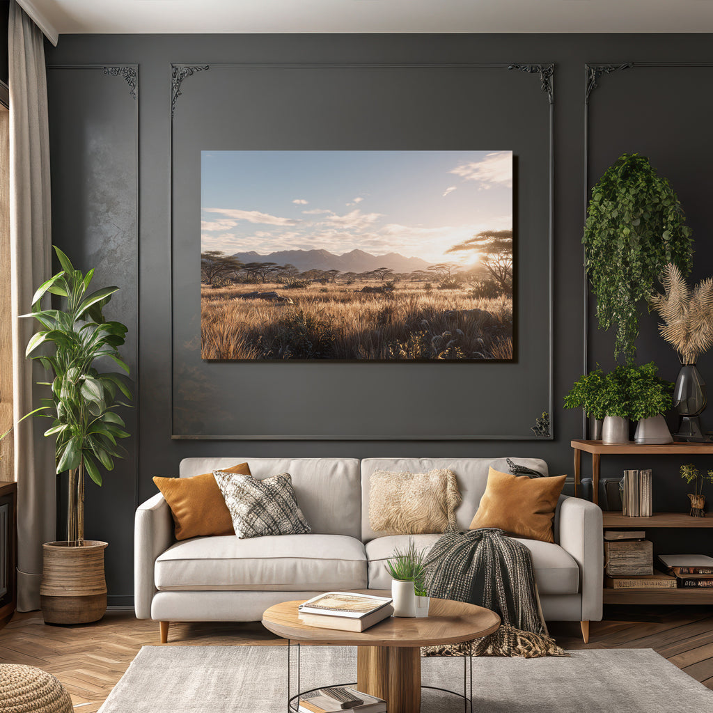Desert Landscape Scene Green Field Trees And Mountains Morning Light
