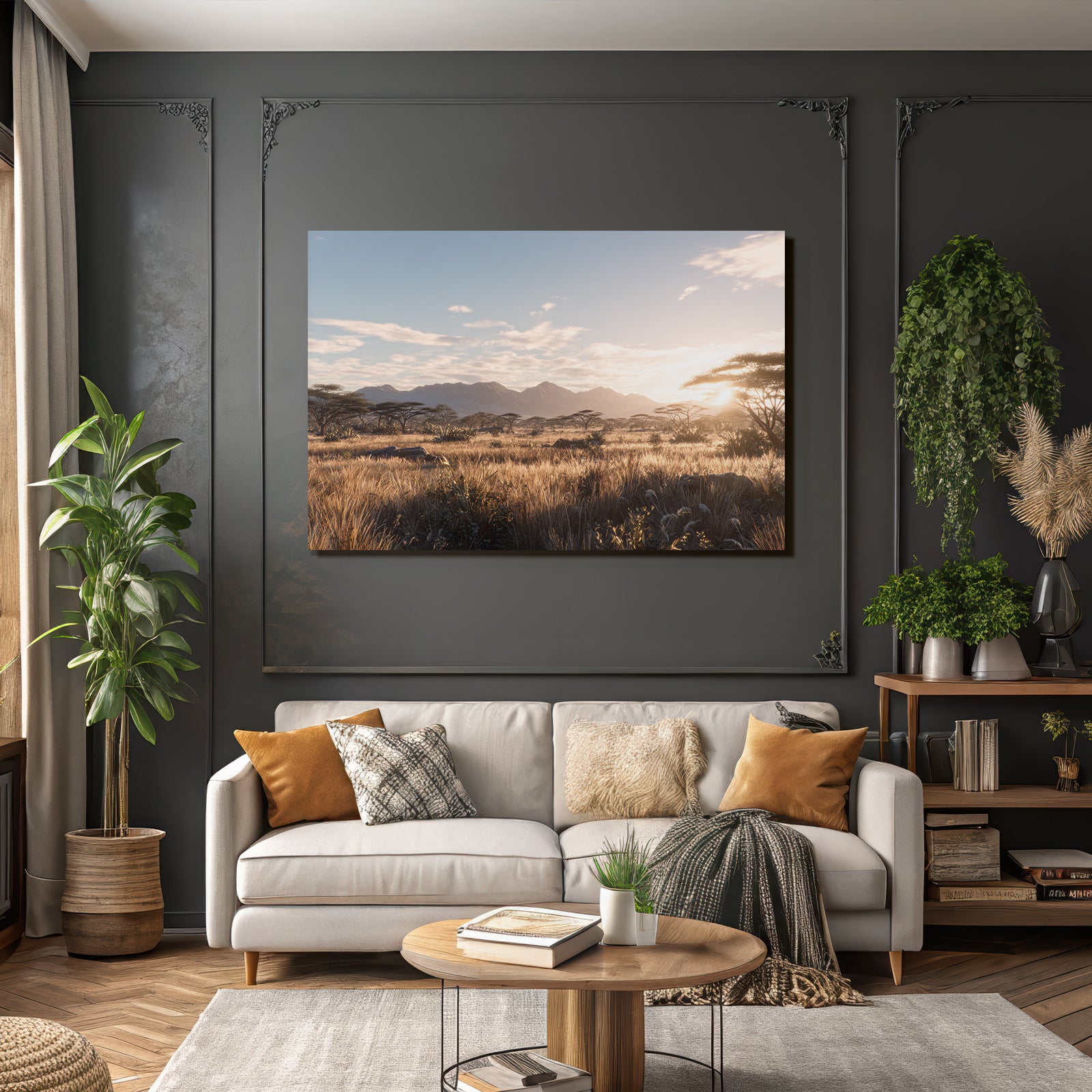 Desert Landscape Scene Green Field Trees And Mountains Morning Light