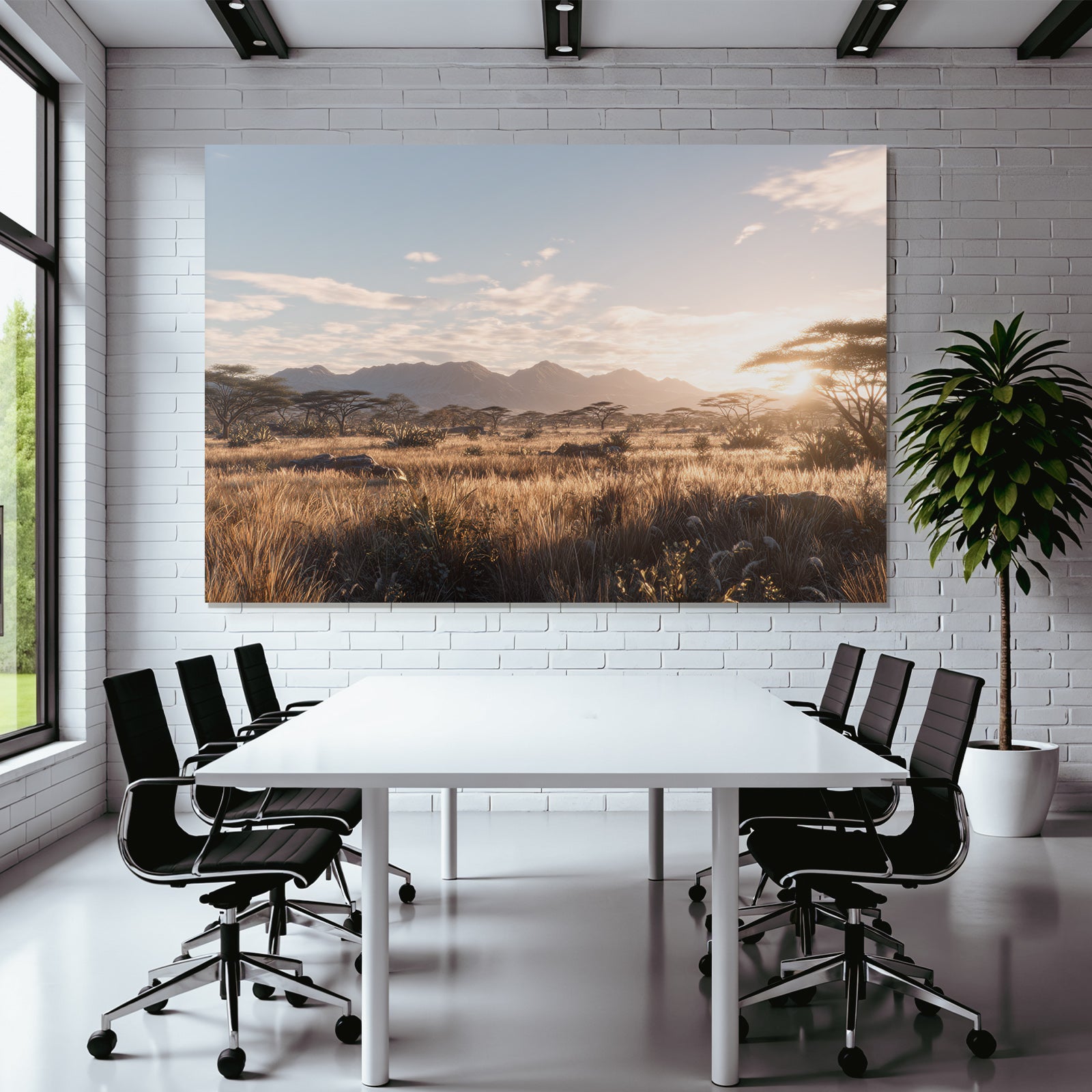 Desert Landscape Scene Green Field Trees And Mountains Morning Light