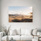 Desert Landscape Scene Green Field Trees And Mountains Morning Light