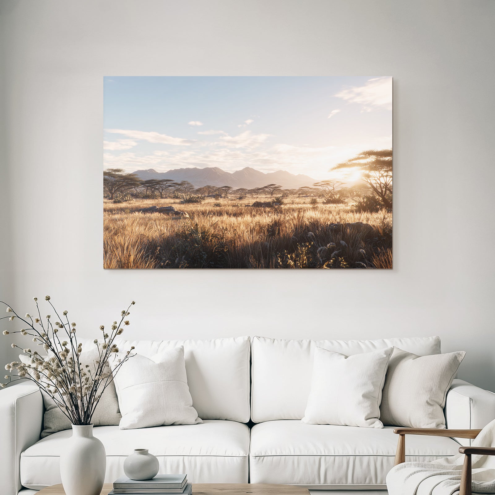 Desert Landscape Scene Green Field Trees And Mountains Morning Light