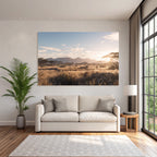 Desert Landscape Scene Green Field Trees And Mountains Morning Light