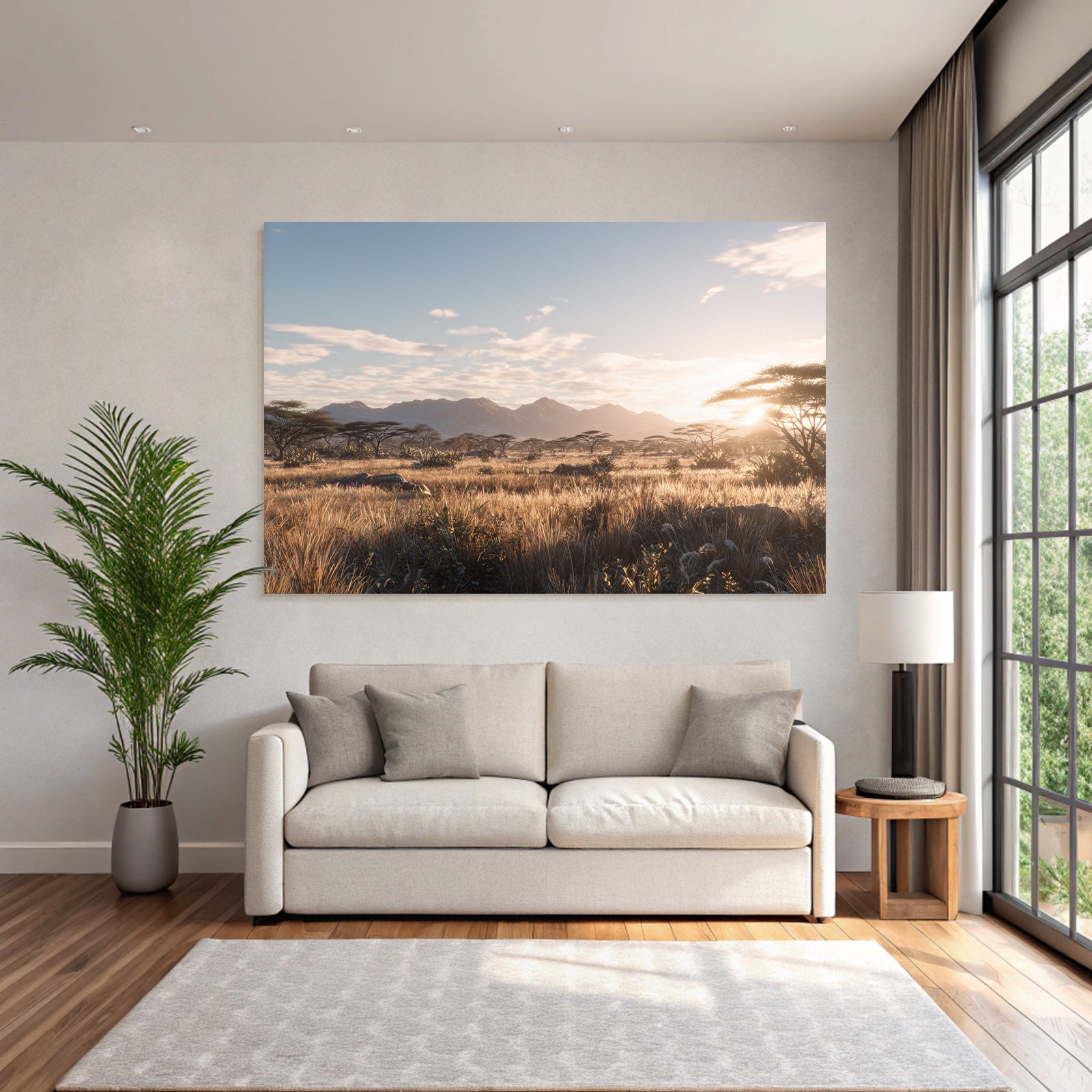 Desert Landscape Scene Green Field Trees And Mountains Morning Light