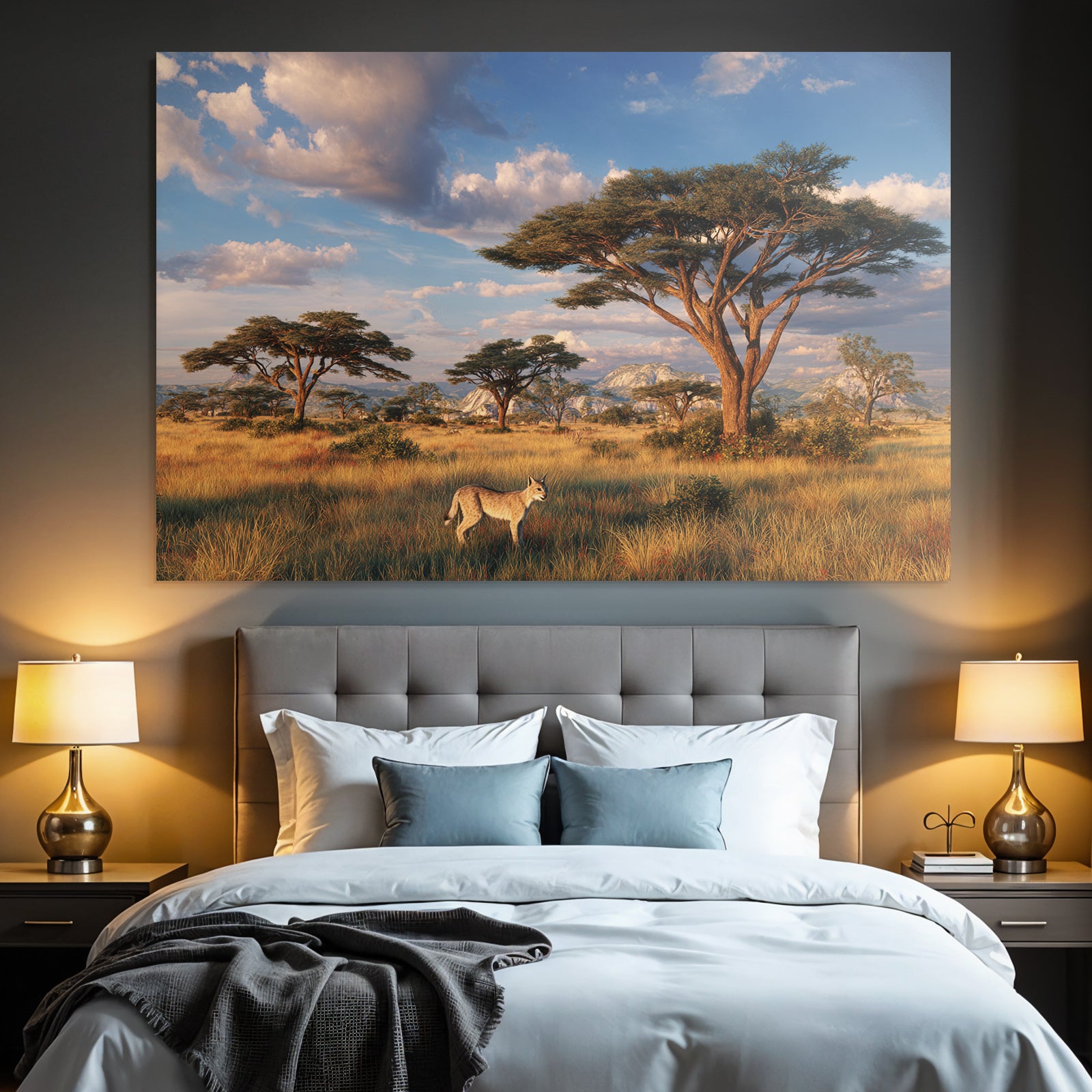 Desert Scenic Landscape With Savanna Acacia Trees Fox Sunrise Light