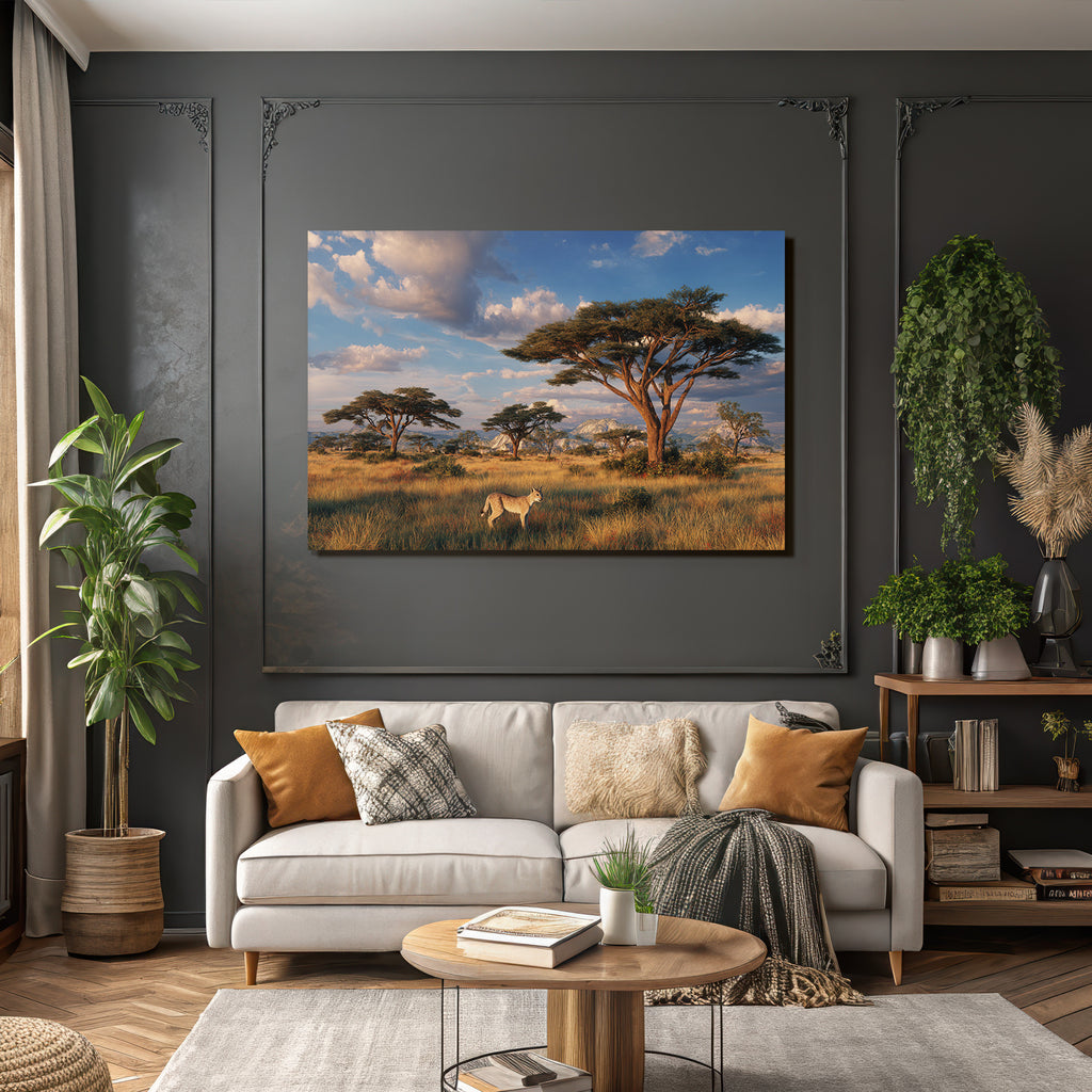 Desert Scenic Landscape With Savanna Acacia Trees Fox Sunrise Light