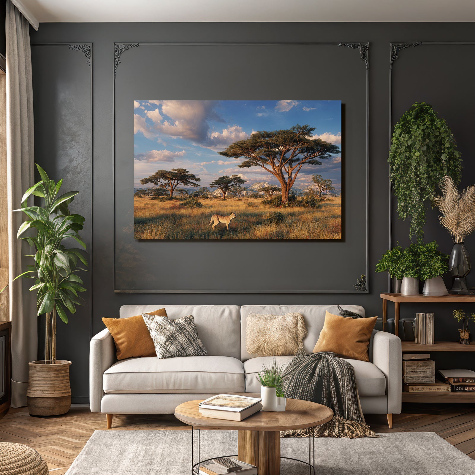 Desert Scenic Landscape With Savanna Acacia Trees Fox Sunrise Light