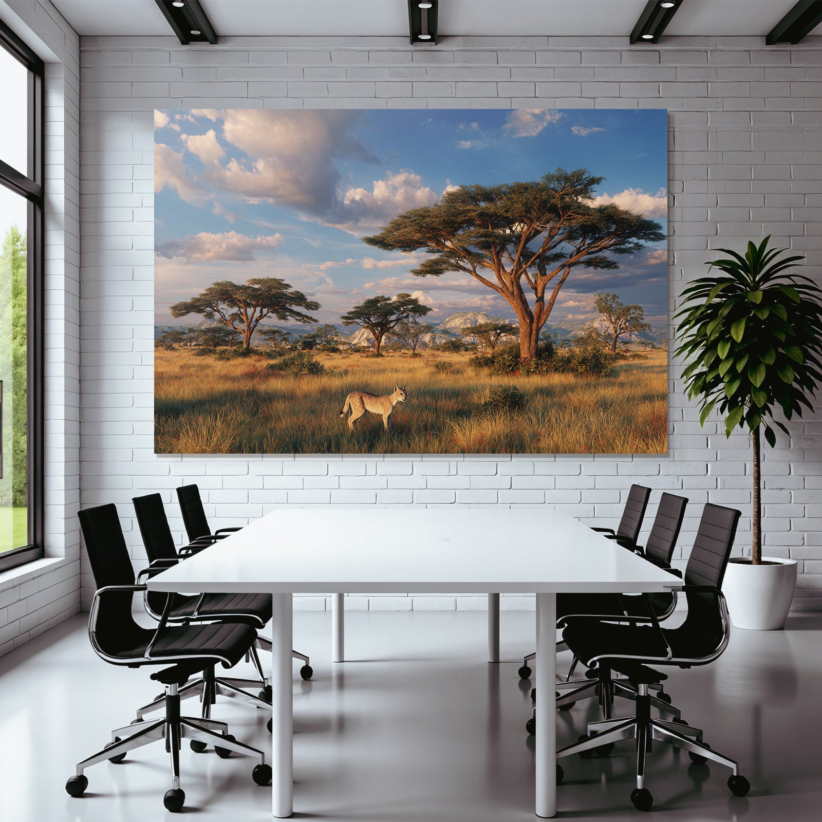 Desert Scenic Landscape With Savanna Acacia Trees Fox Sunrise Light