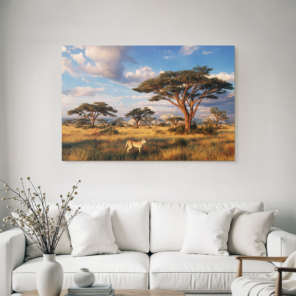 Desert Scenic Landscape With Savanna Acacia Trees Fox Sunrise Light