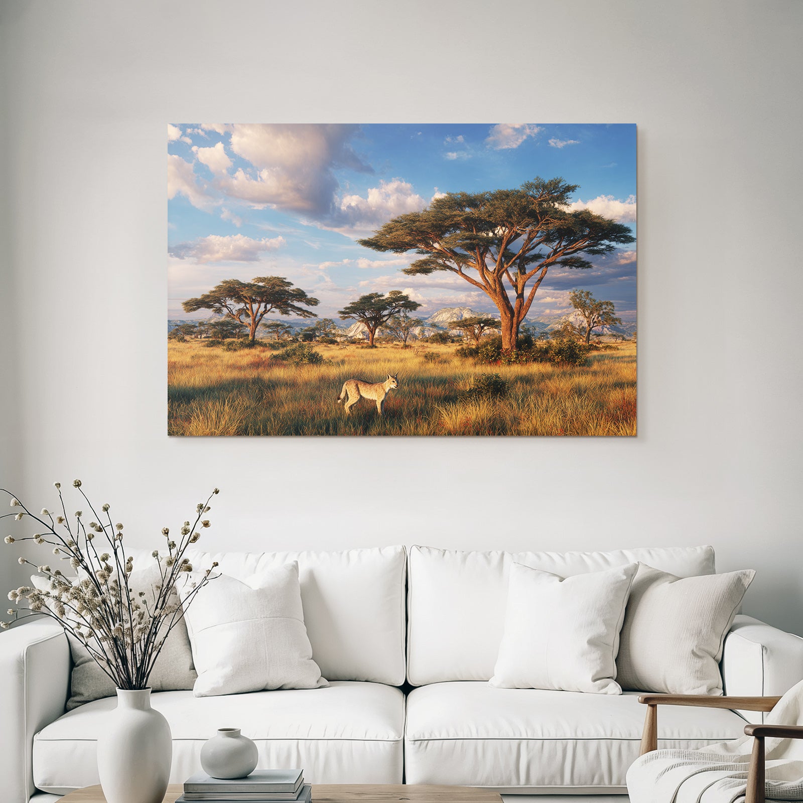 Desert Scenic Landscape With Savanna Acacia Trees Fox Sunrise Light