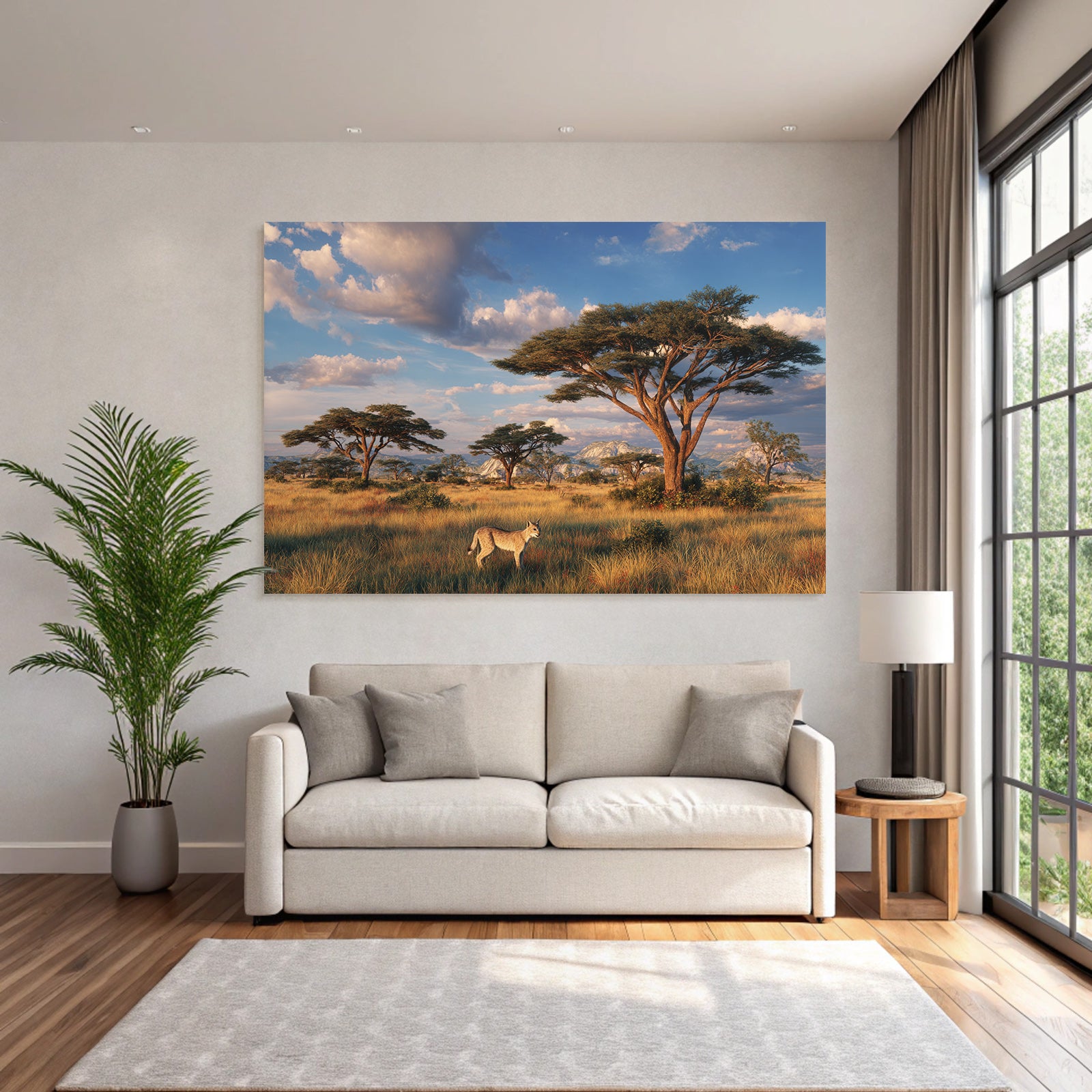 Desert Scenic Landscape With Savanna Acacia Trees Fox Sunrise Light