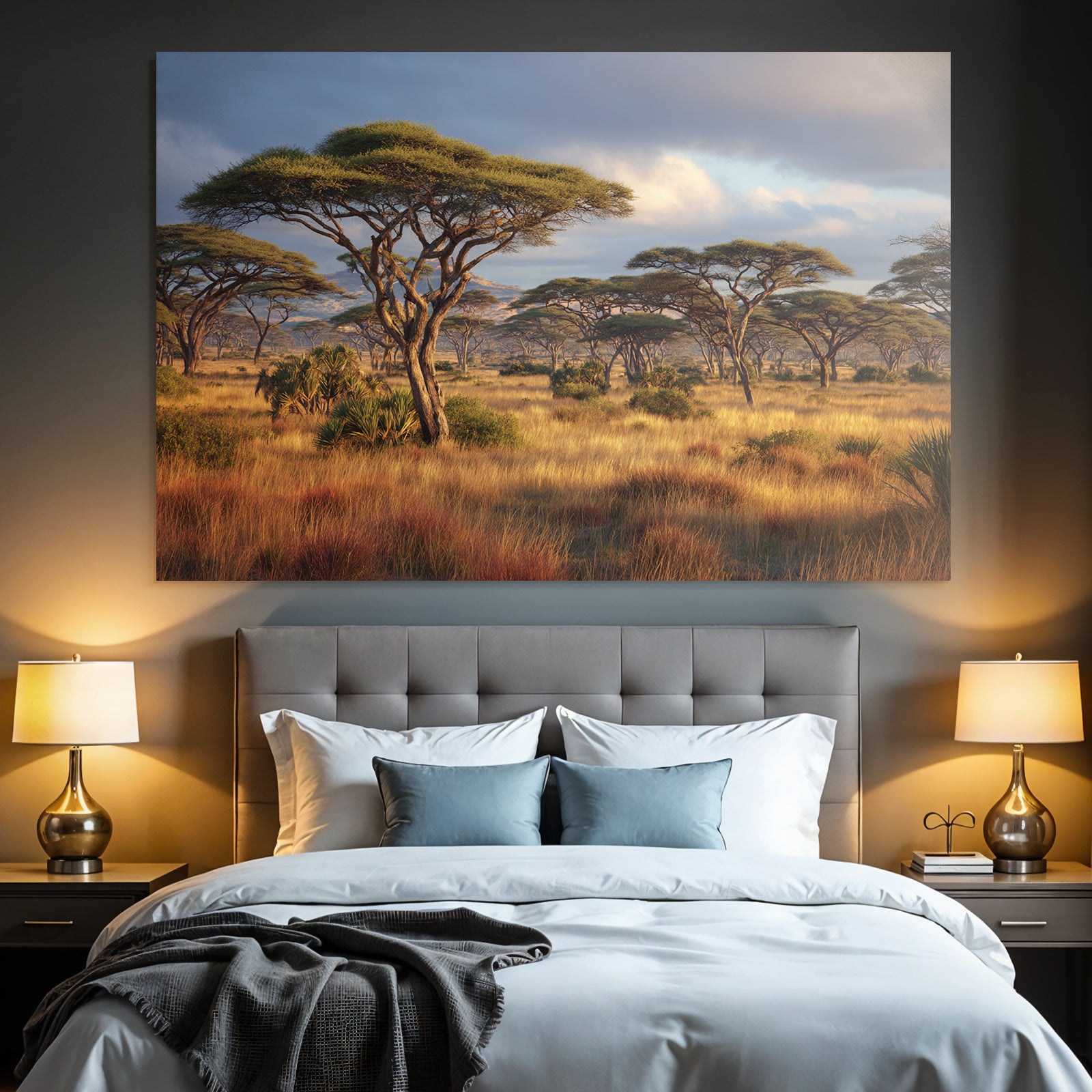 Desert savannah with acacia trees and tall grass at sunset