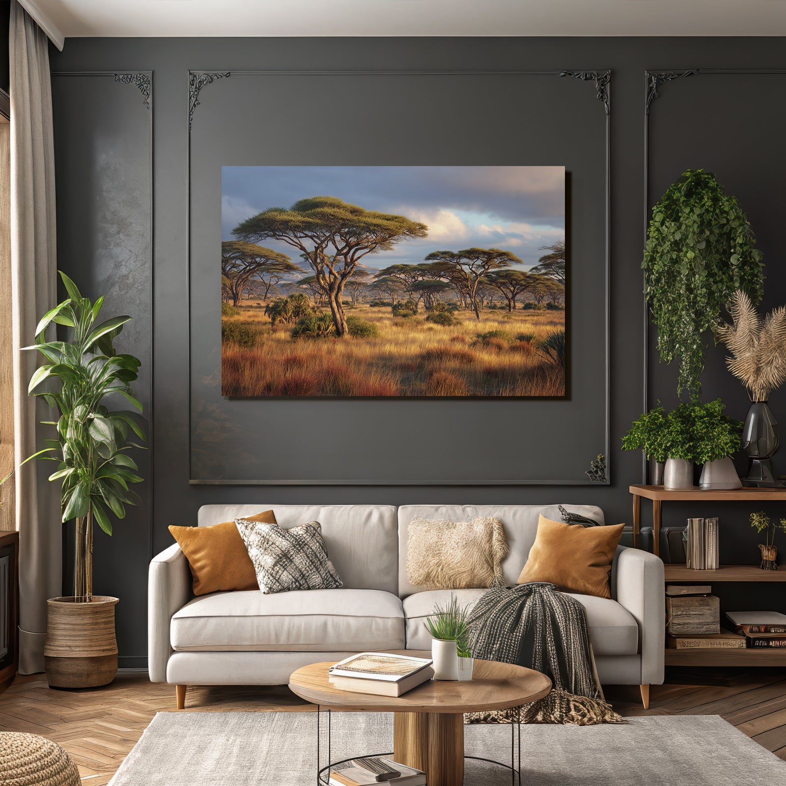 Desert savannah with acacia trees and tall grass at sunset