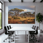 Desert savannah with acacia trees and tall grass at sunset