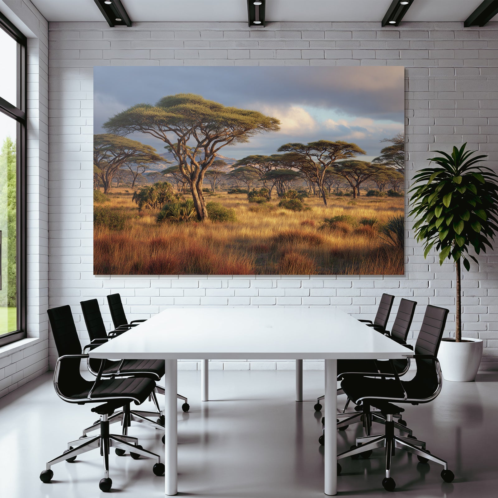 Desert savannah with acacia trees and tall grass at sunset