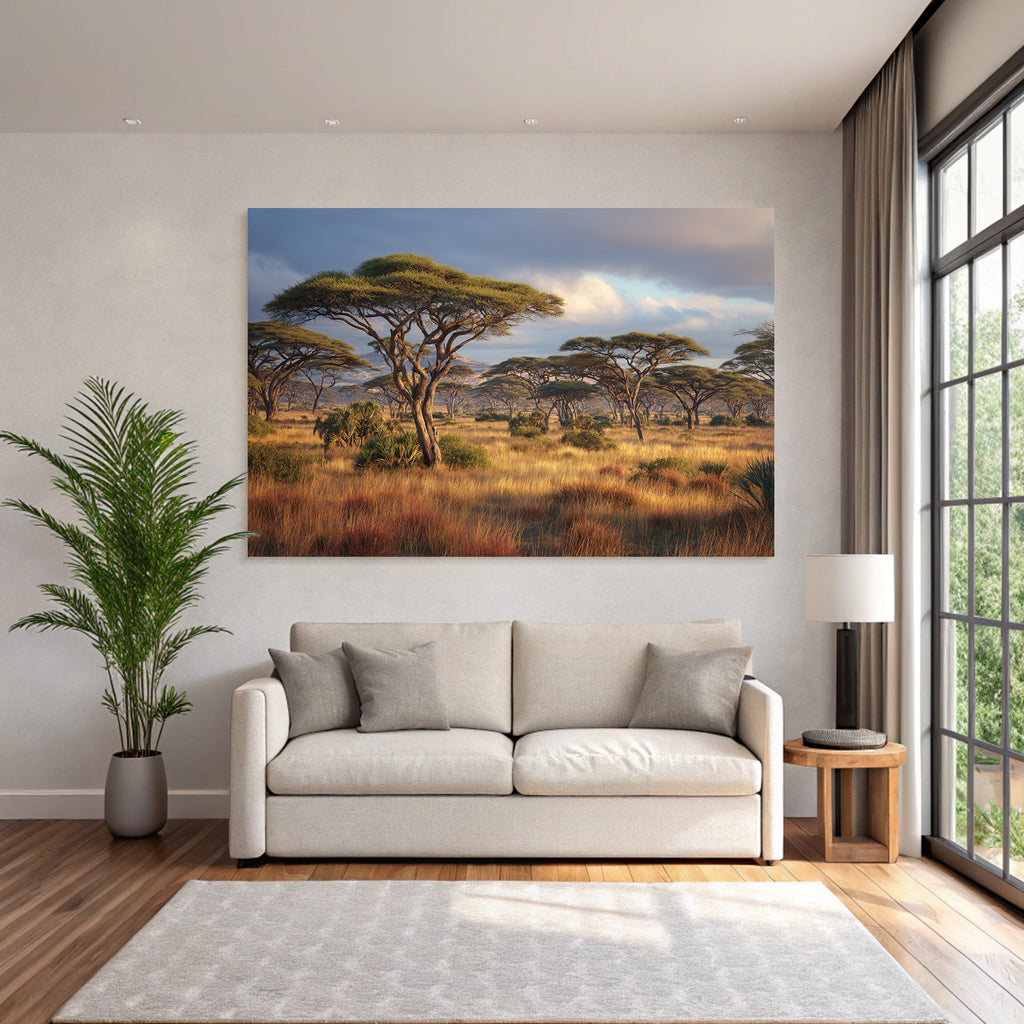 Desert savannah with acacia trees and tall grass at sunset
