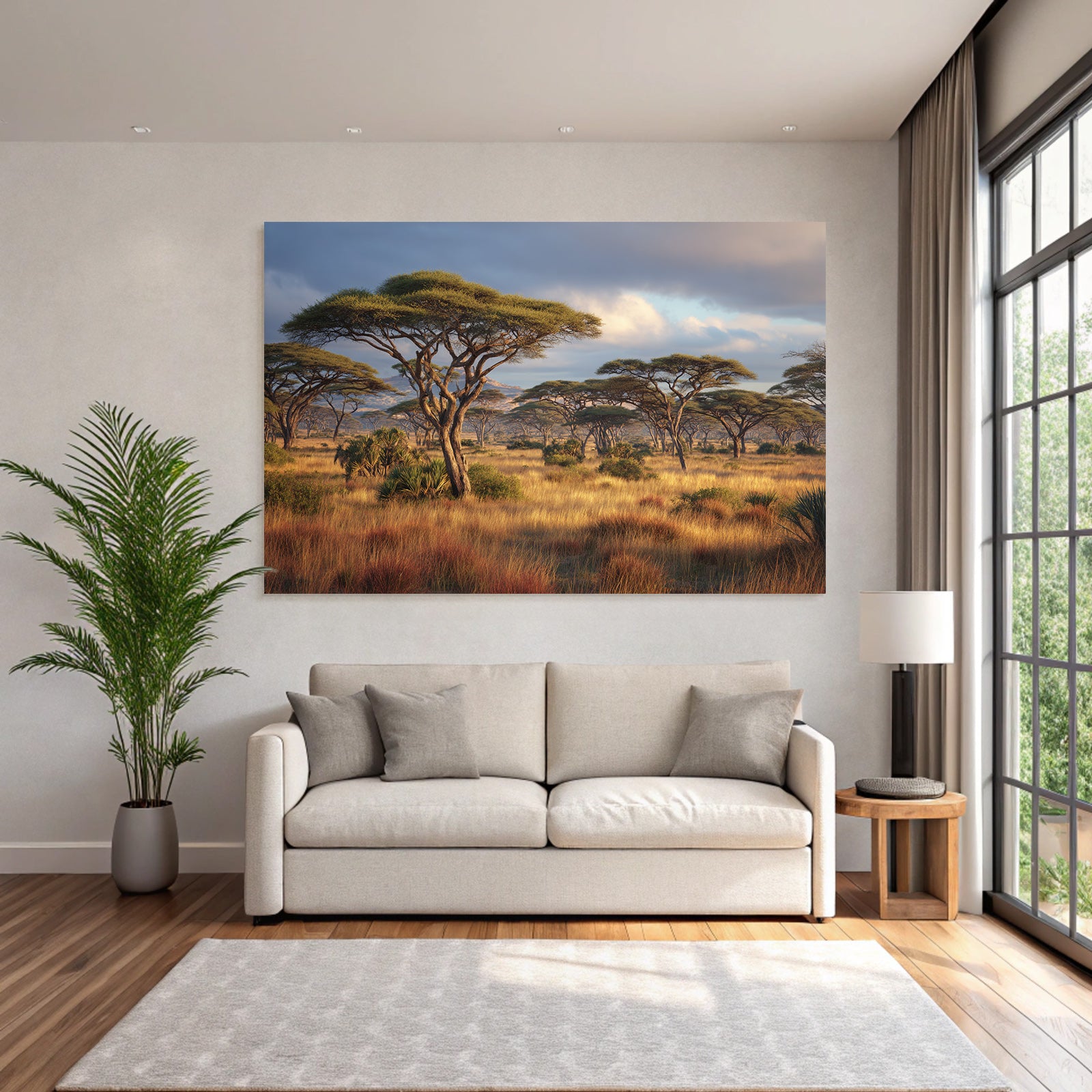 Desert savannah with acacia trees and tall grass at sunset