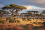 Wüsten Savanne Mit Acacia Bäumen Und Hohem Gras Im Sonnenuntergang | Wuesten und Savanne | Landschaften