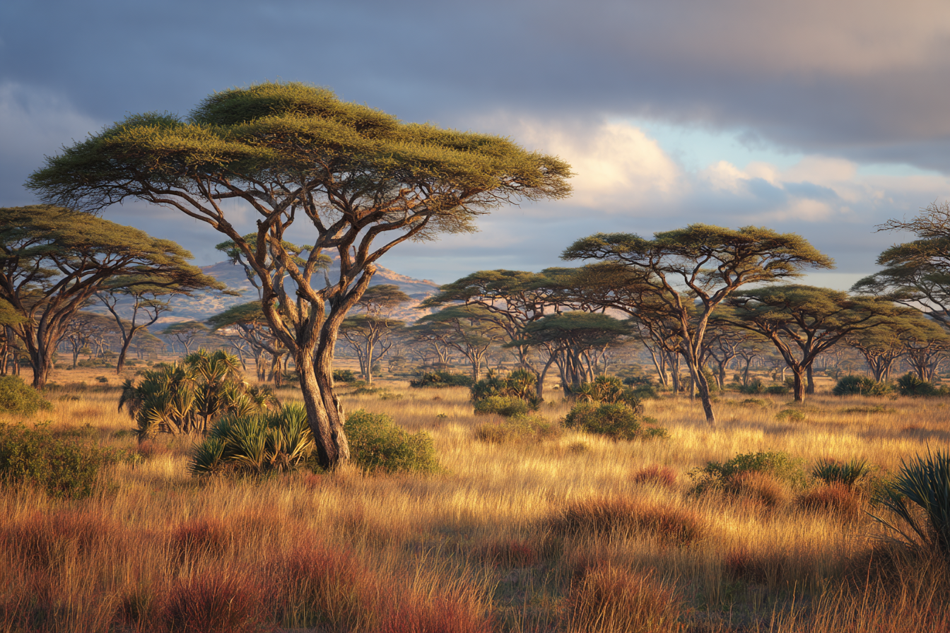 Wüsten Savanne Mit Acacia Bäumen Und Hohem Gras Im Sonnenuntergang | Wuesten und Savanne | Landschaften