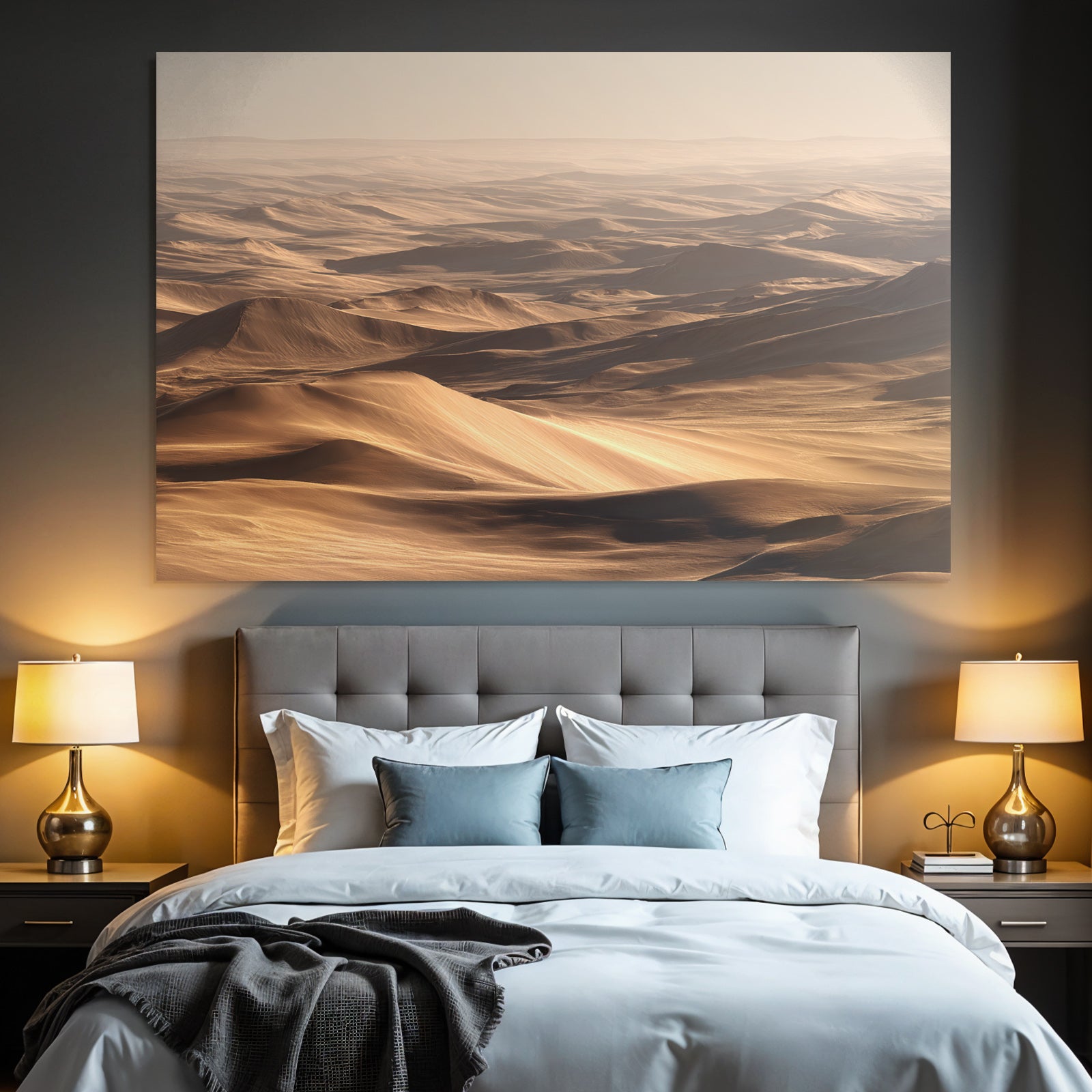 Desert Wide Arid Landscape With Sand Dunes Blurred Visibility