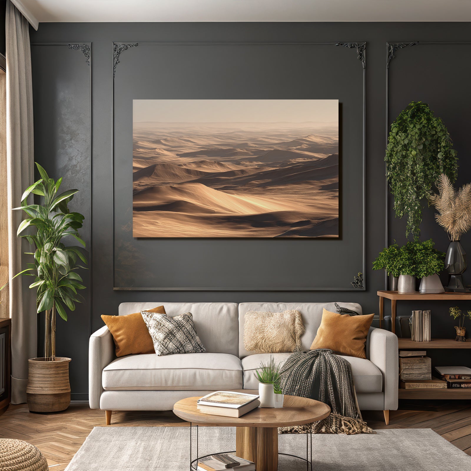 Desert Wide Arid Landscape With Sand Dunes Blurred Visibility