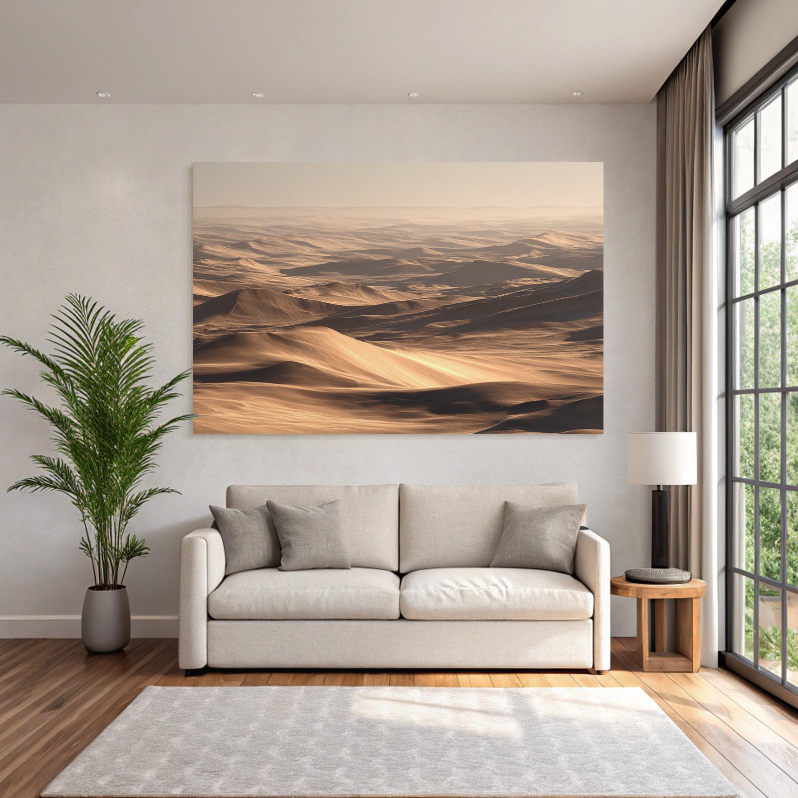 Desert Wide Arid Landscape With Sand Dunes Blurred Visibility