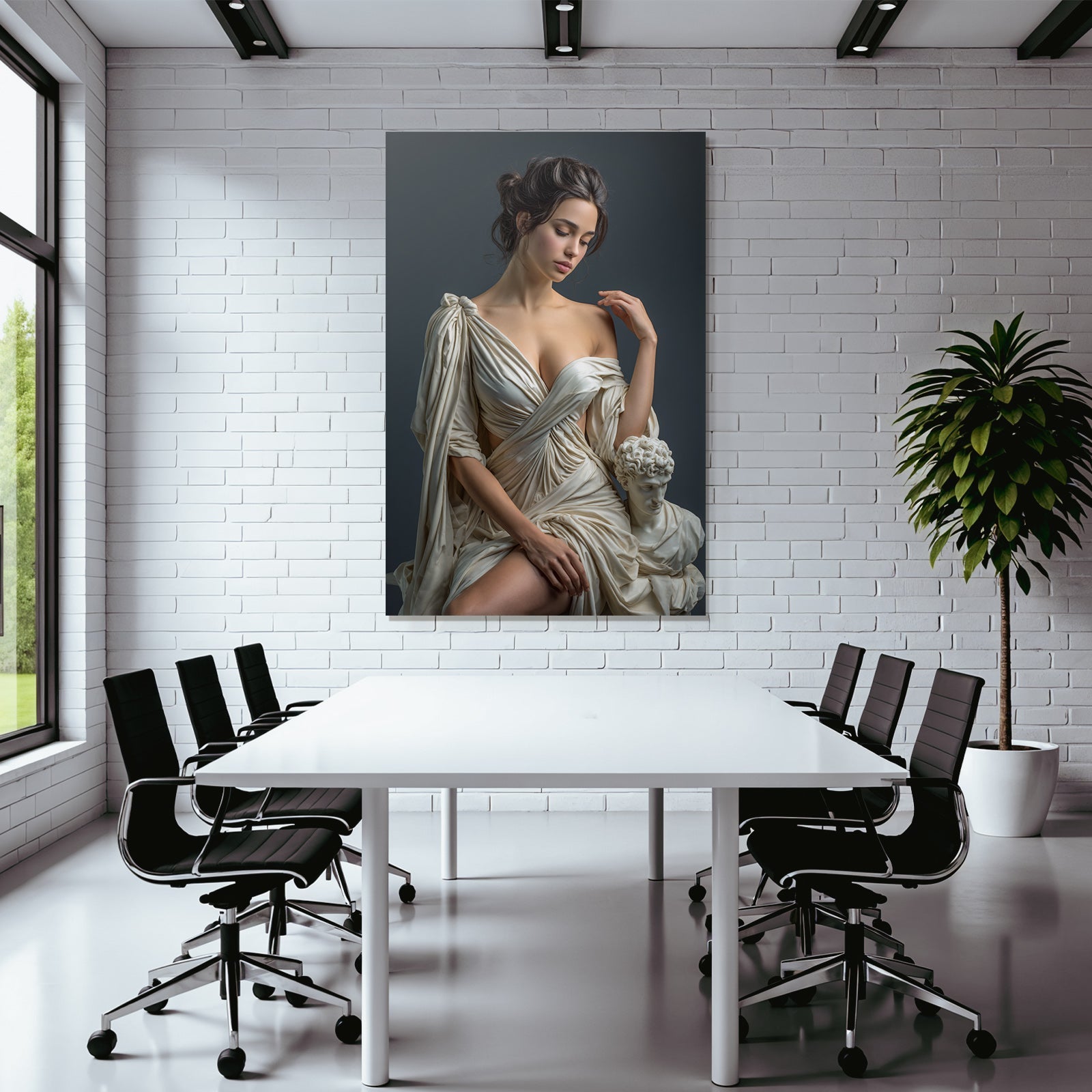 Frau In Fliessendem Stoff Neben Marmor Bust Im Kunstvollen Hintergrund