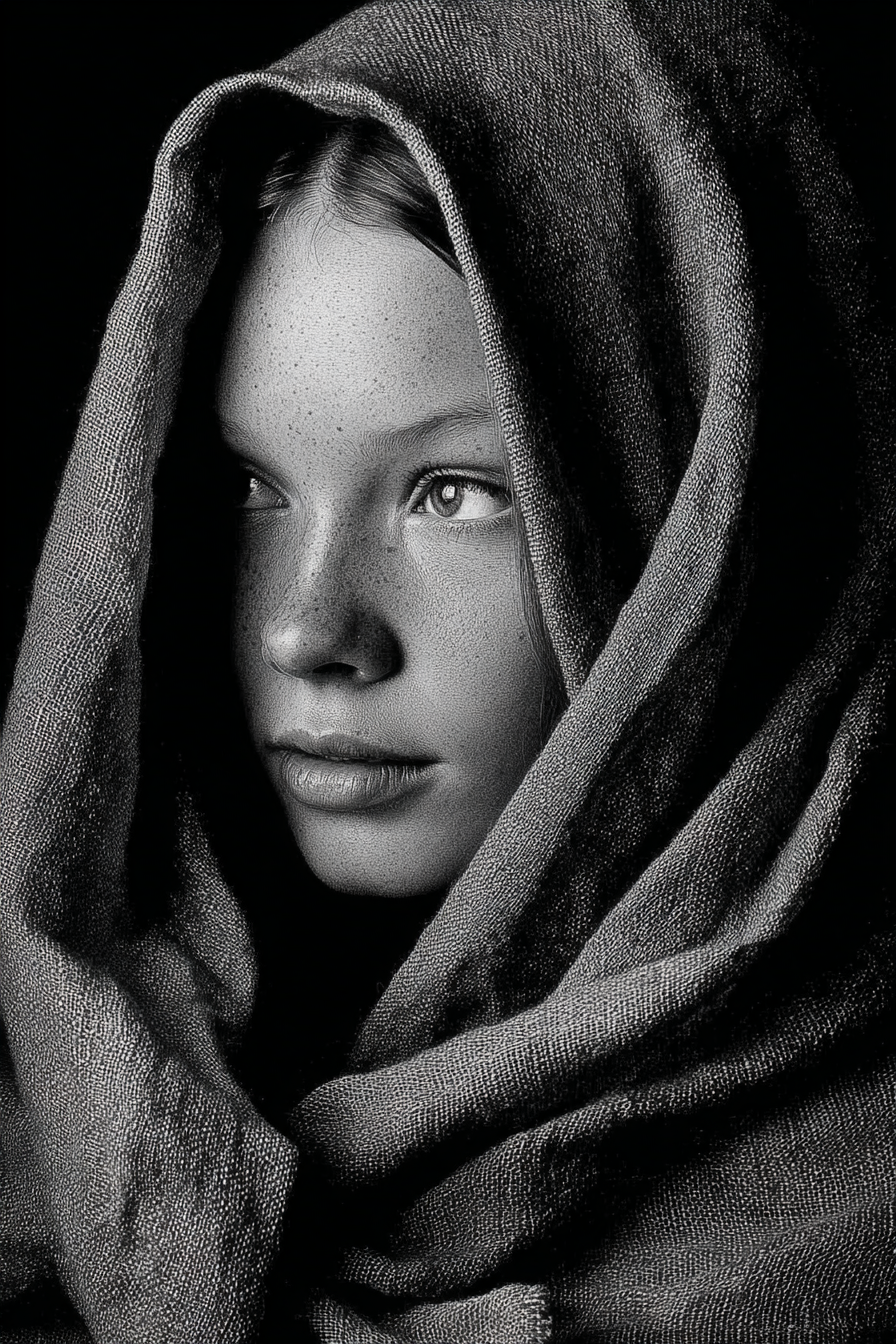Monochrome Porträt Junger Mensch Mit Stoff Schleier Expression Serenität | Frauen und Maenner | Menschen und Emotionen