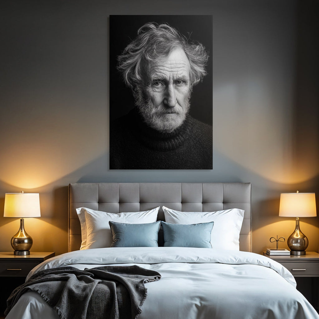 Portrait of an older man with messy hair and a serious expression