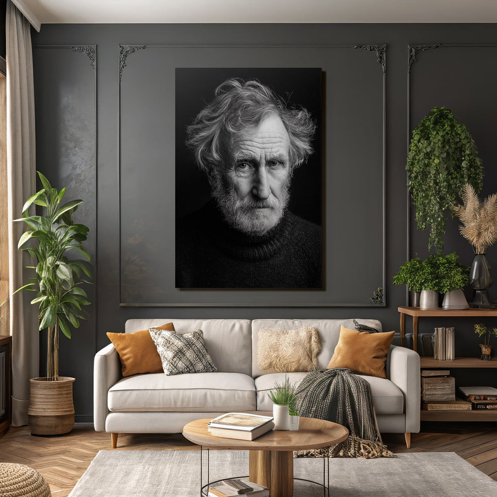 Portrait of an older man with messy hair and a serious expression