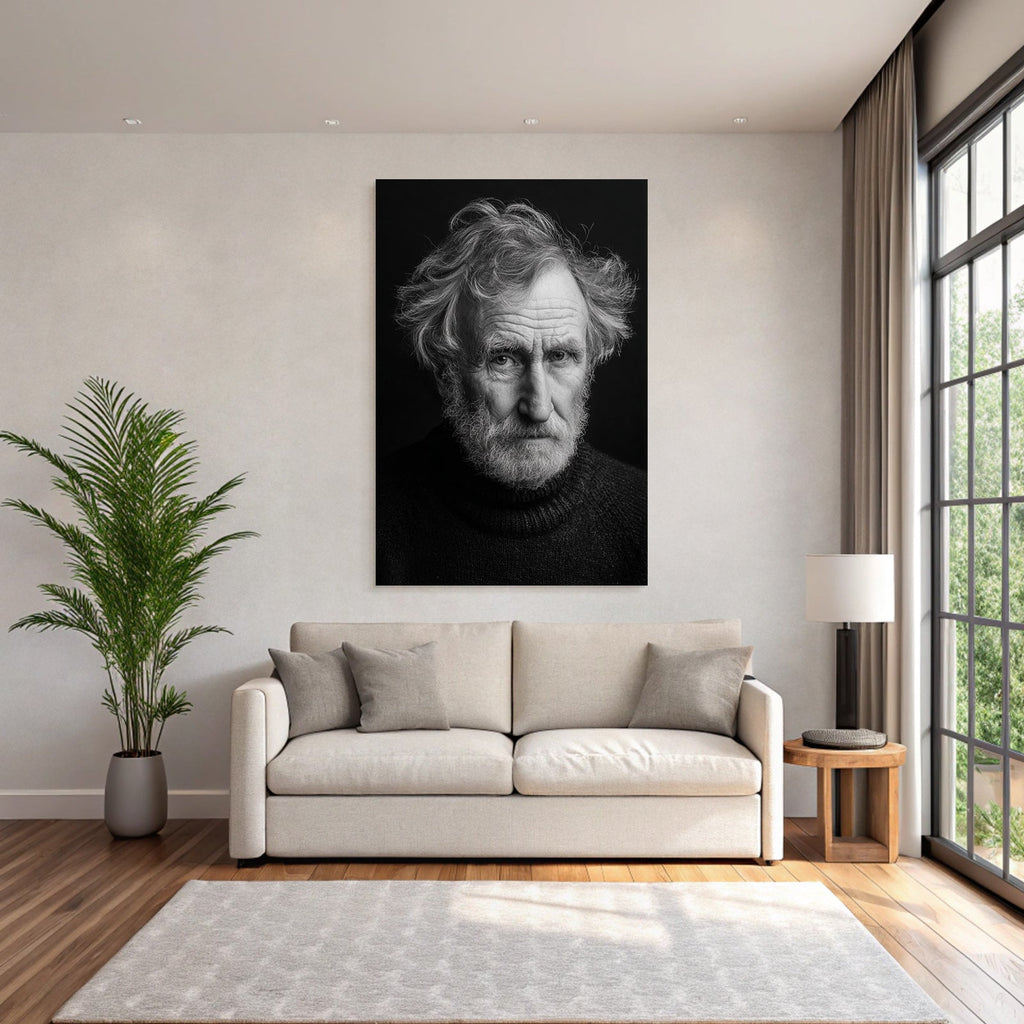 Portrait of an older man with messy hair and a serious expression
