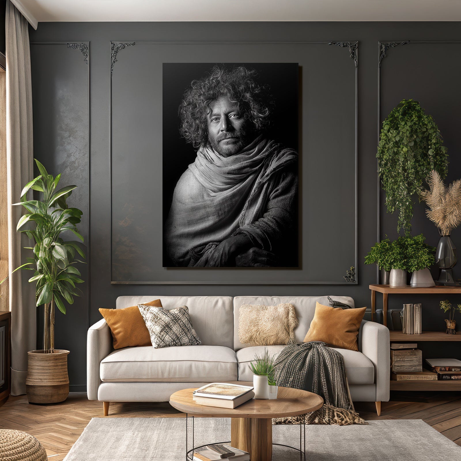 Portrait Von Person Mit Lockigem Haar Im Schwarz Weiss