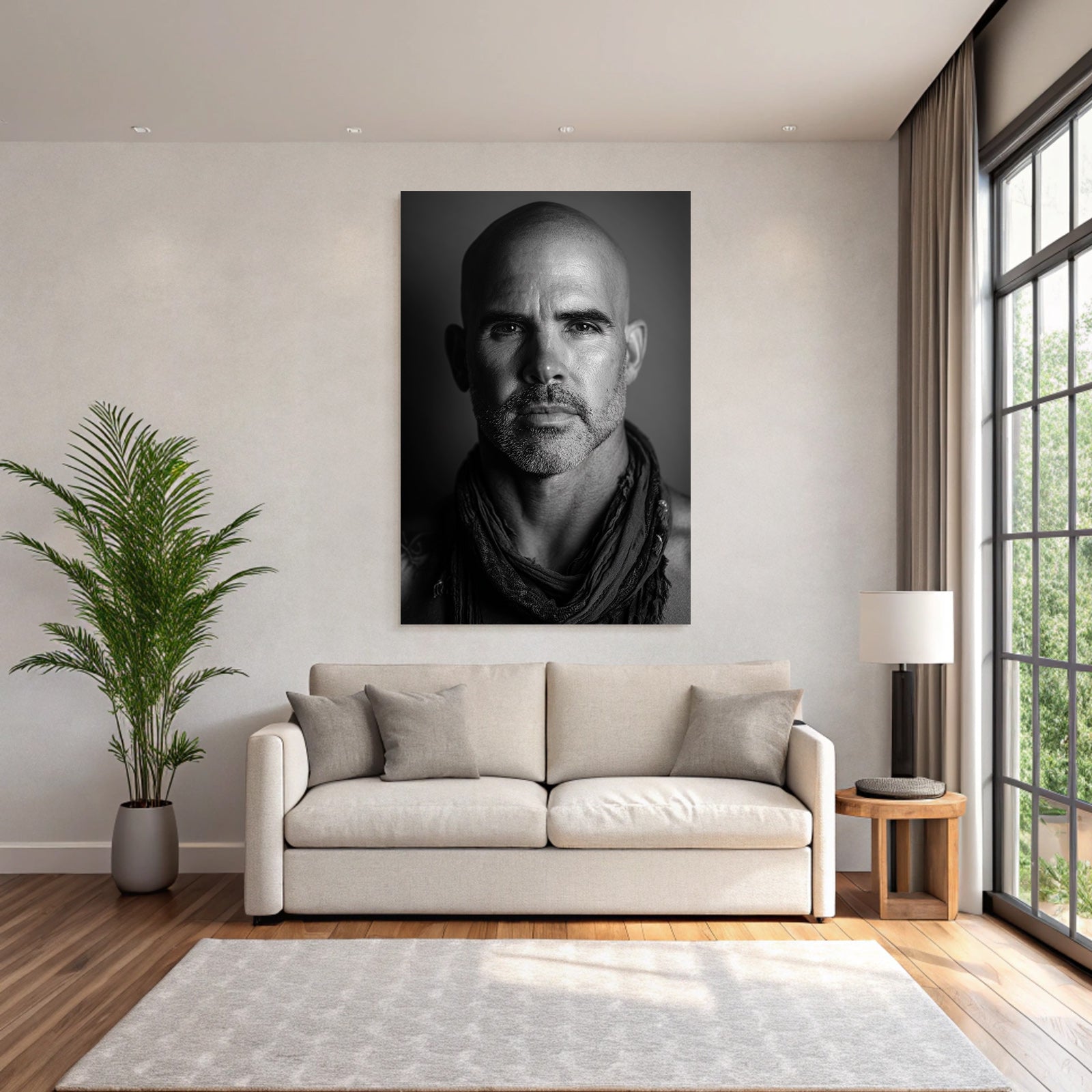 Schwarz Und Weiss Portrait Eines Mannes Mit Glatze Und Schal Ernste Aussdruck