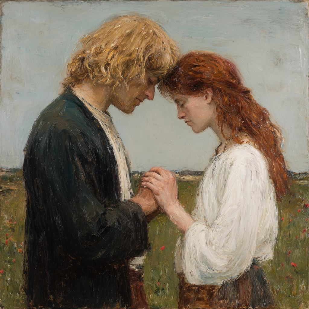 Porträts Romantisches Gemälde Mann Und Frau Händchen Haltend Im Feld | Liebe und Zweisamkeit | Menschen und Emotionen