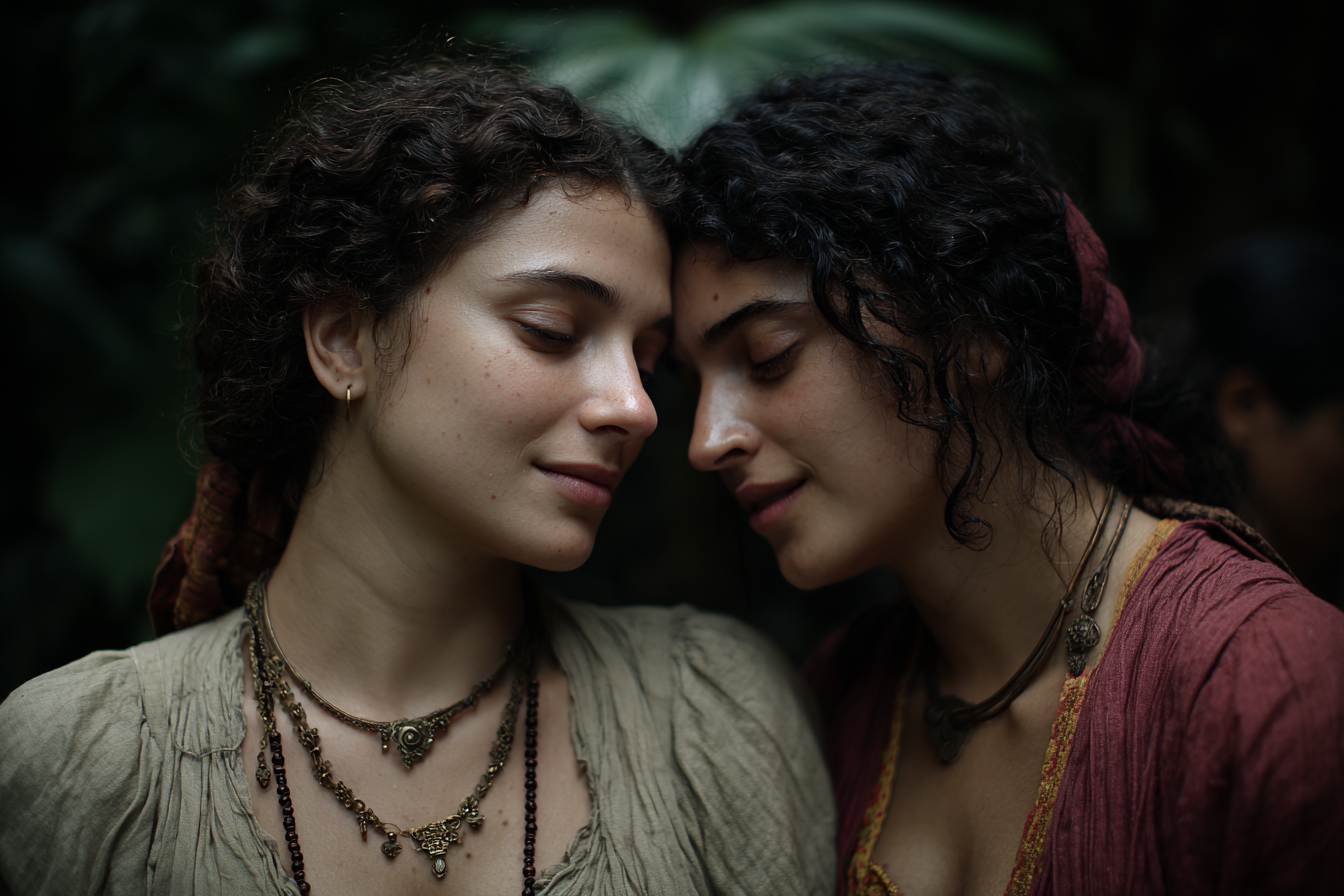 Porträts Intimität Zwei Fraün Mit Lockigem Haar Im Natur Hintergrund | Liebe und Zweisamkeit | Menschen und Emotionen