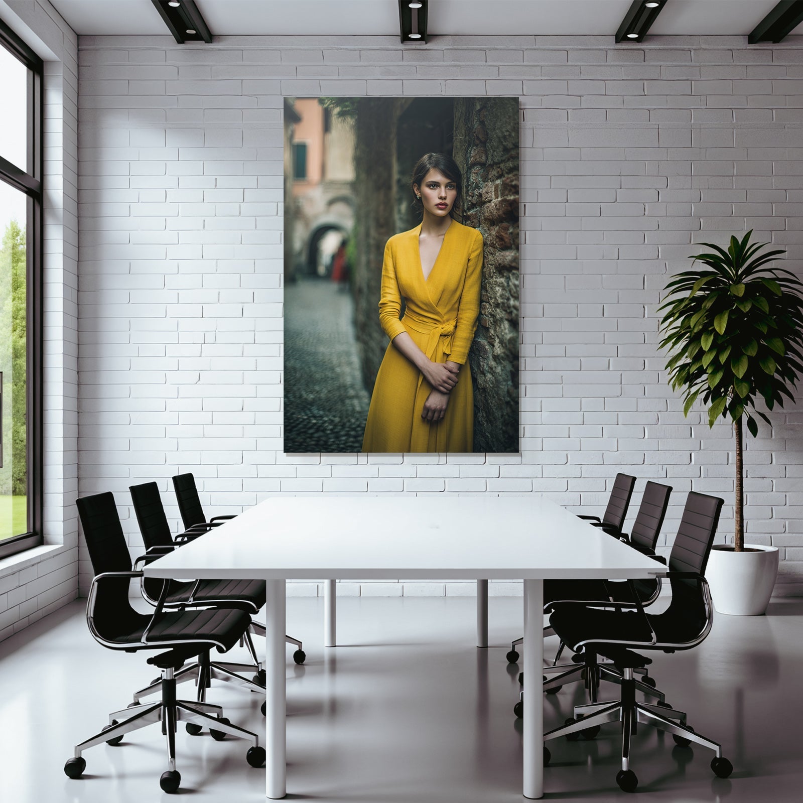 Porträts Frau In Gelbem Kleid Vintage Stil Steinwand Kopfsteinpflaster Gasse