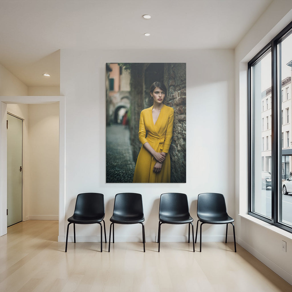 Porträts Frau In Gelbem Kleid Vintage Stil Steinwand Kopfsteinpflaster Gasse