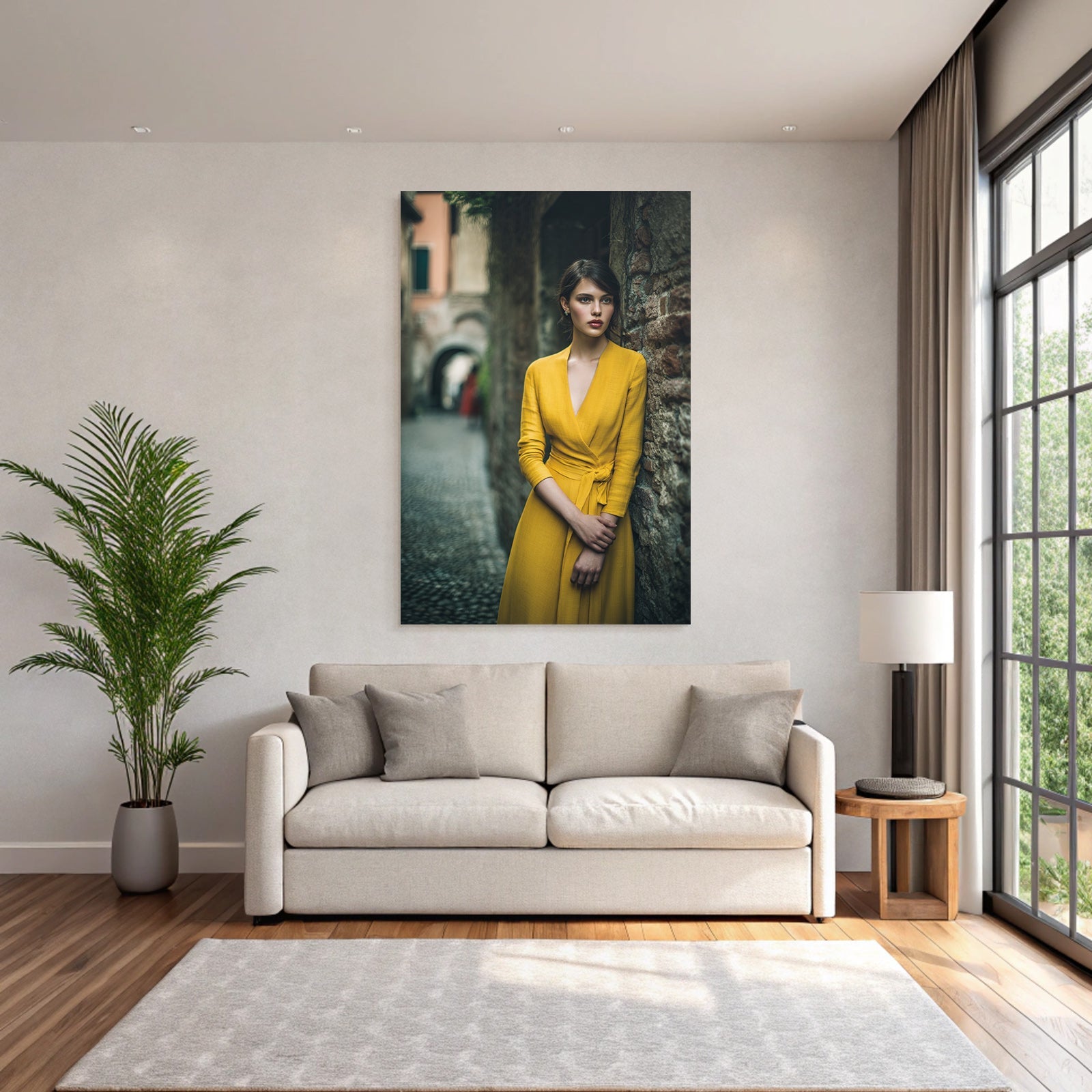 Porträts Frau In Gelbem Kleid Vintage Stil Steinwand Kopfsteinpflaster Gasse