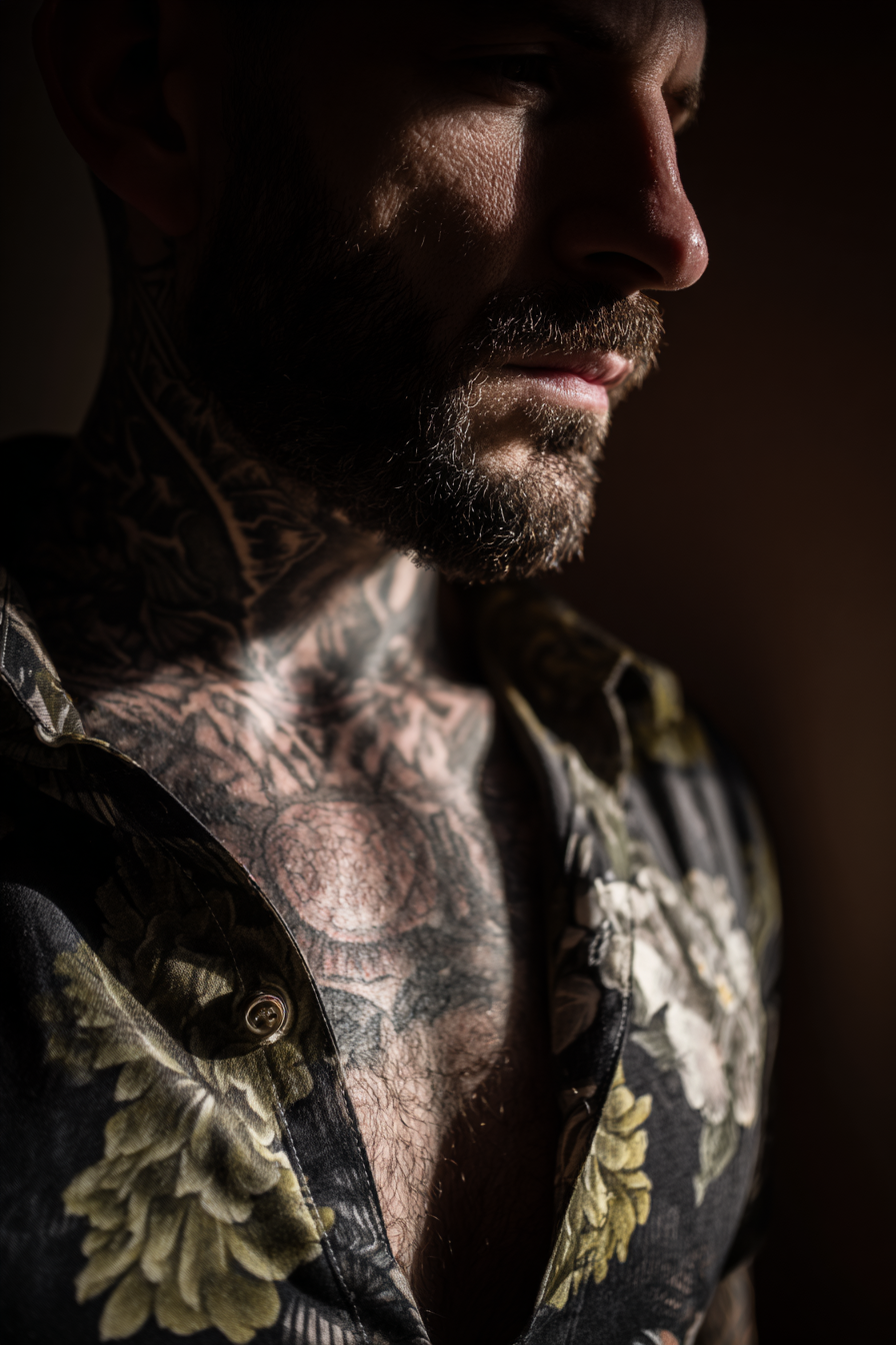 Close Up Portrait Person Mit Bart Tattoos Blumenshirt | Mode und Stil | Menschen und Emotionen