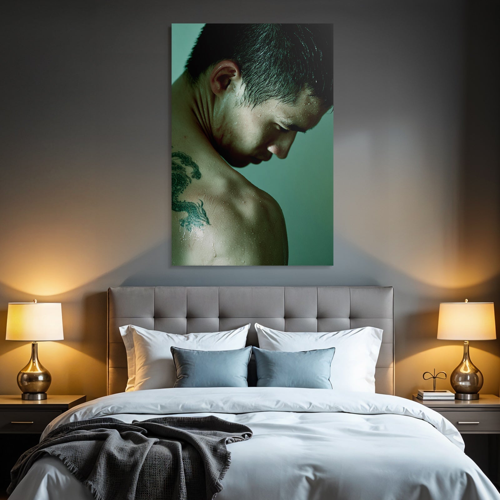 Dragon Tattoo Schulter Hals Wassertropfen Drama Grüne Lichter