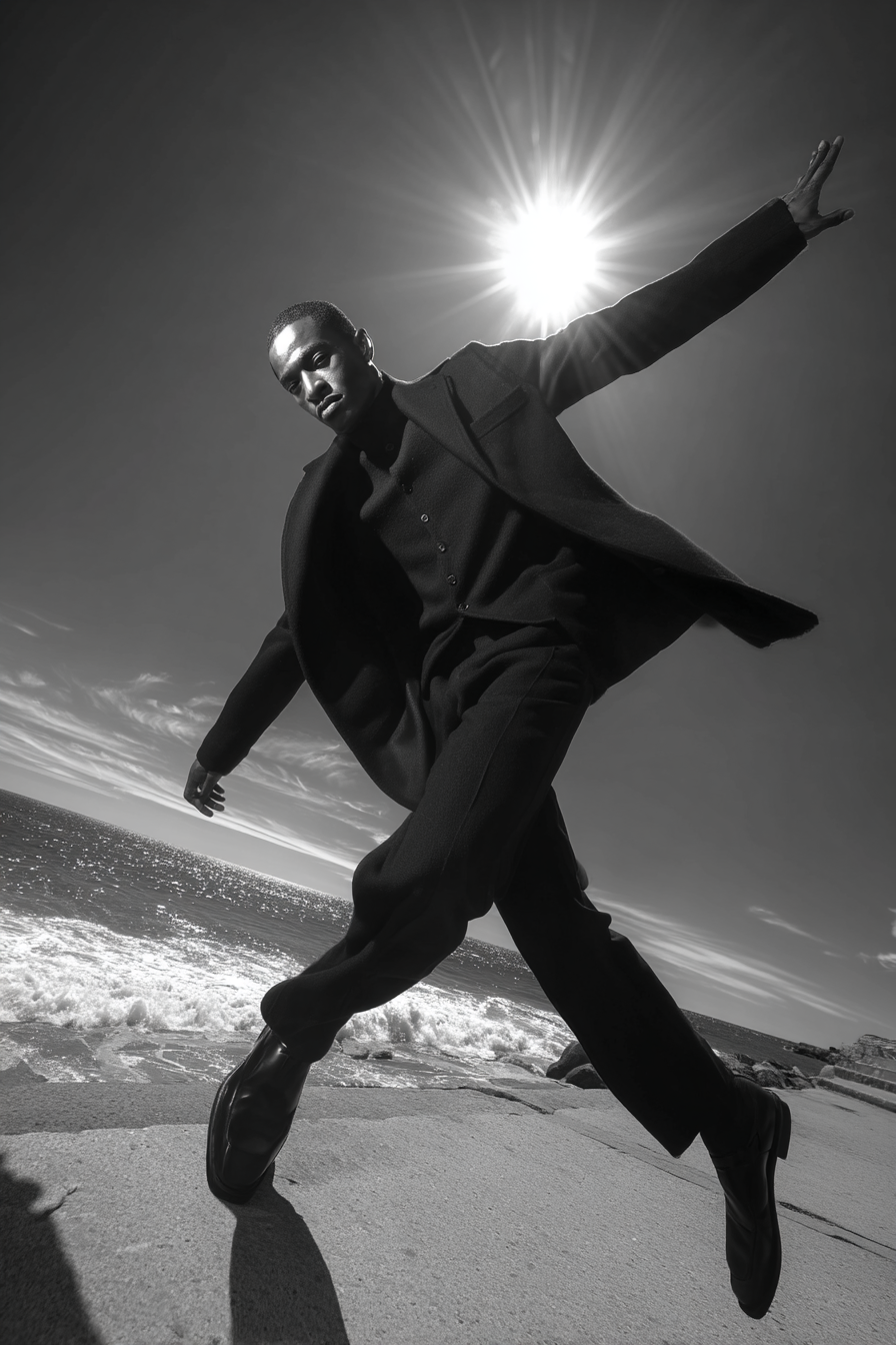 Dramatische Pose Küstenlandschaft Mit Sonnenstrahlen Bw Fashion | Mode und Stil | Menschen und Emotionen