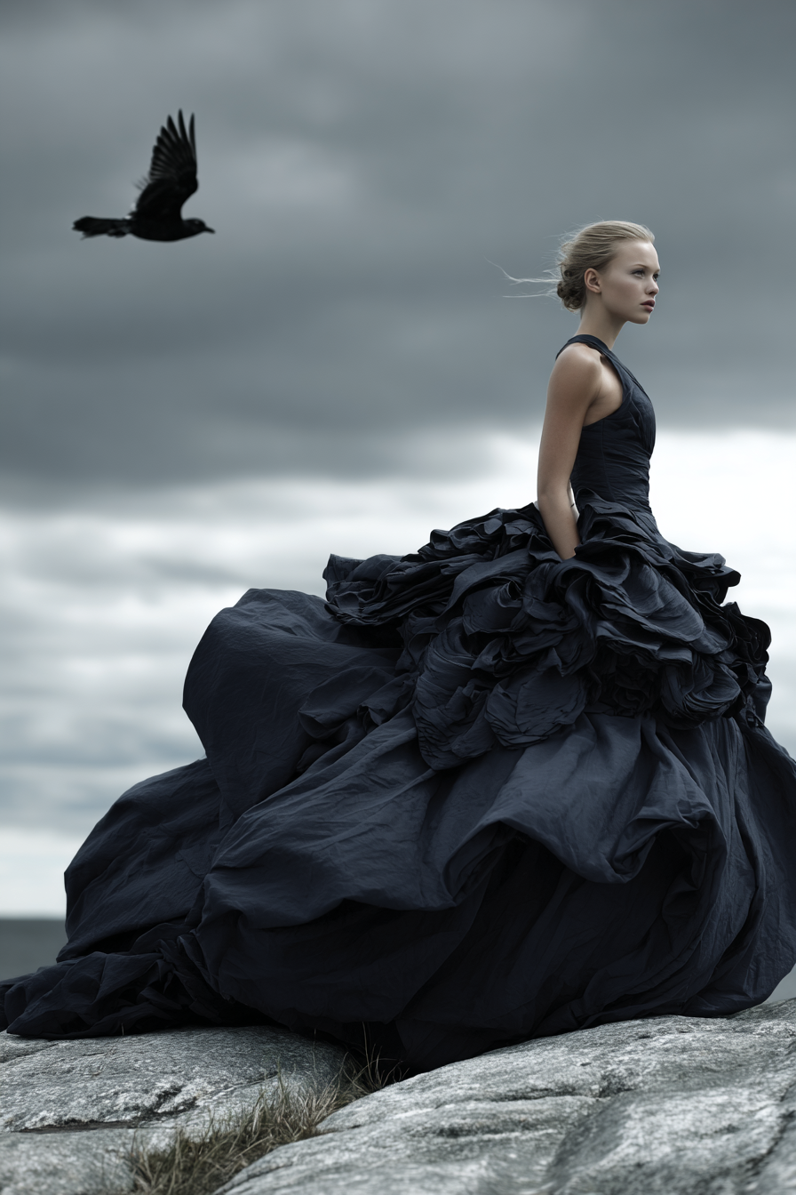 Frau Auf Felsen Dramatisches Kleid Stimmungsreicher Himmel | Mode und Stil | Menschen und Emotionen