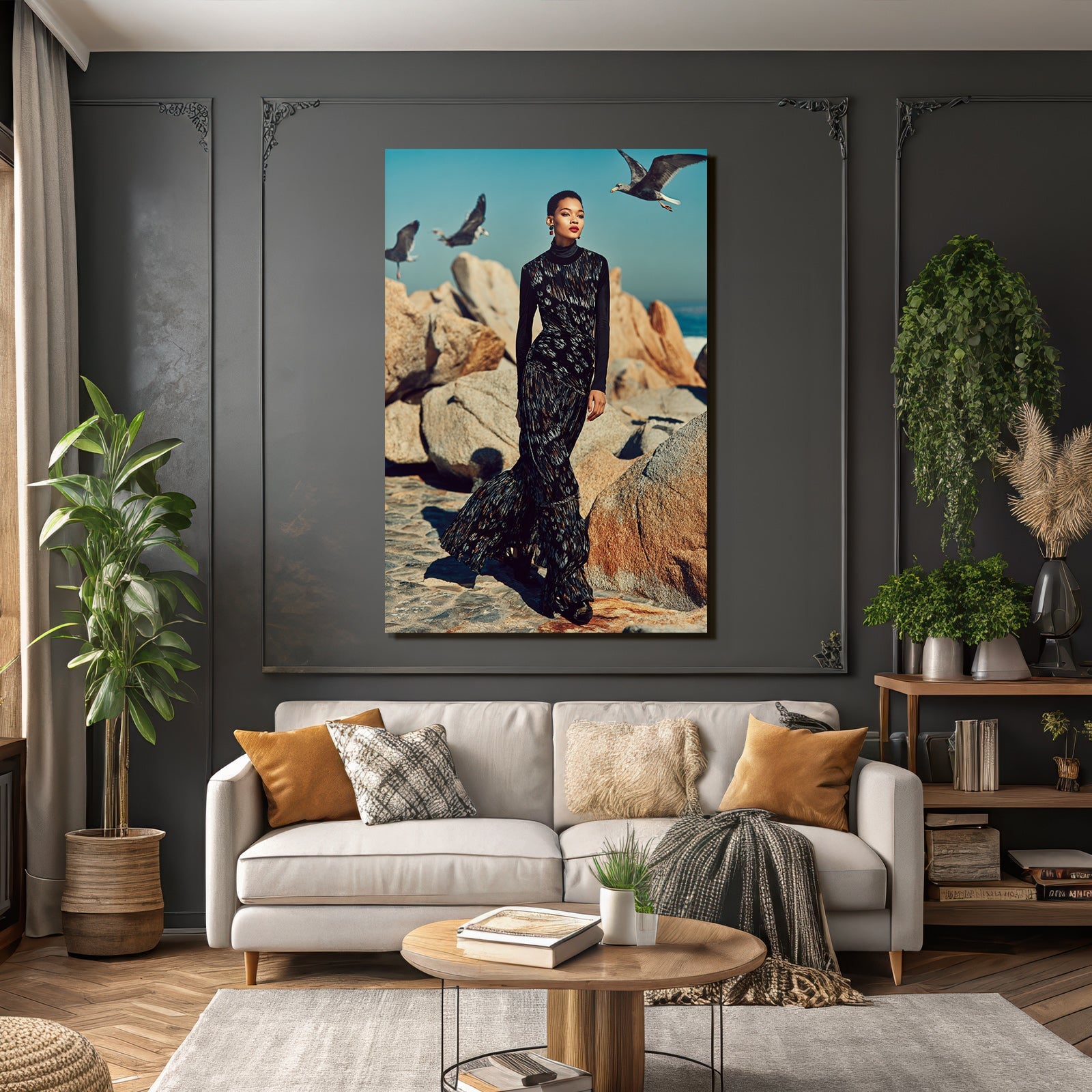 Modelexperiment Musterkleid Felsen Meer Vögel Himmel