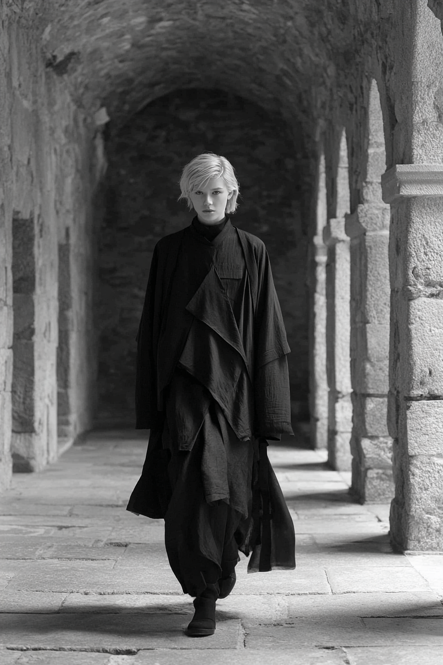 Modemodel In Schwarzem Layered Outfit In Stone Corridor Monochrom | Mode und Stil | Menschen und Emotionen