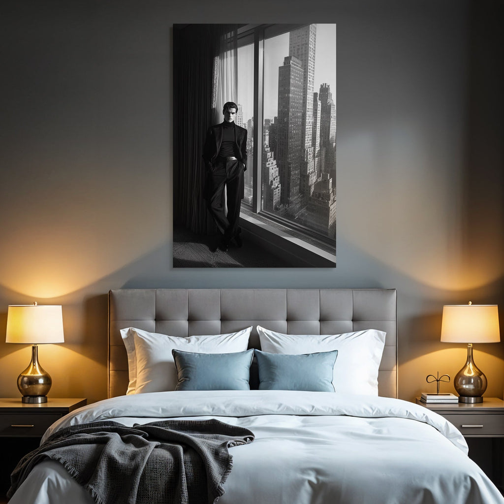 Monochrome Fashion Model Standing By Window With City Skyline