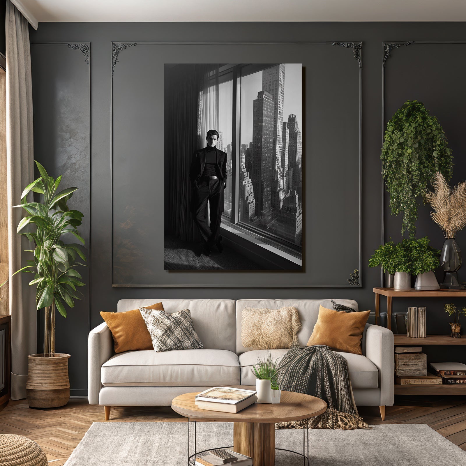 Monochrome Fashion Model Standing By Window With City Skyline