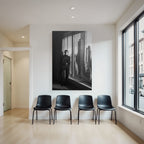 Monochrome Fashion Model Standing By Window With City Skyline